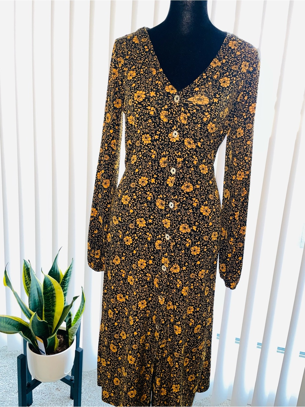 MICHAEL Michael Kors Black Dress with Mustard Floral Print - Long Sleeve Midi